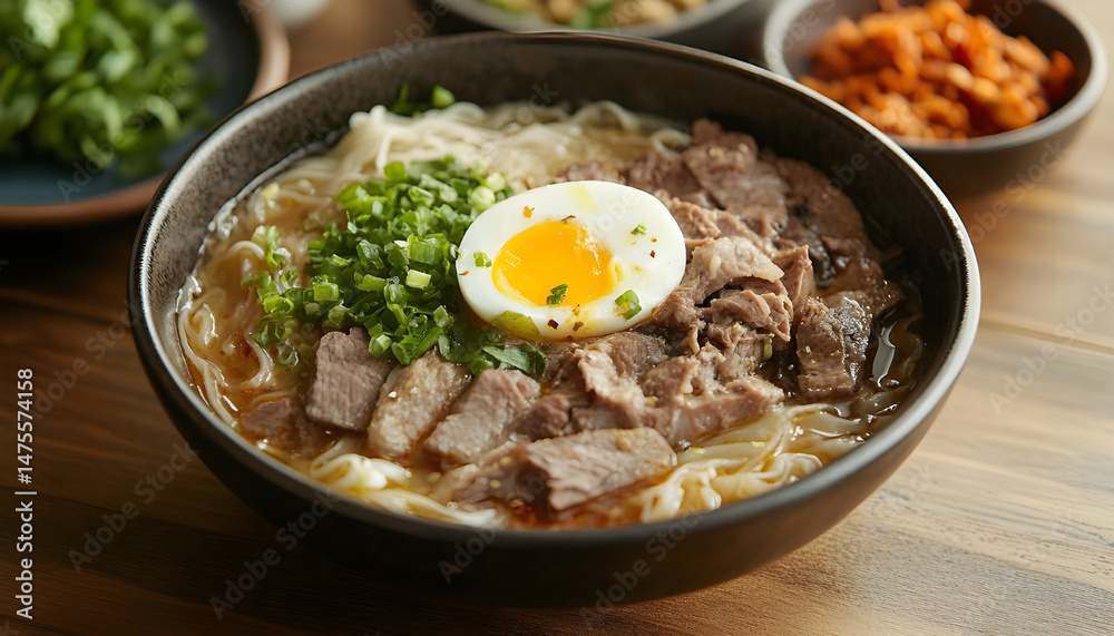 Bowl of delicious rice noodle soup with meat and egg on wooden table, flat lay. Space for text