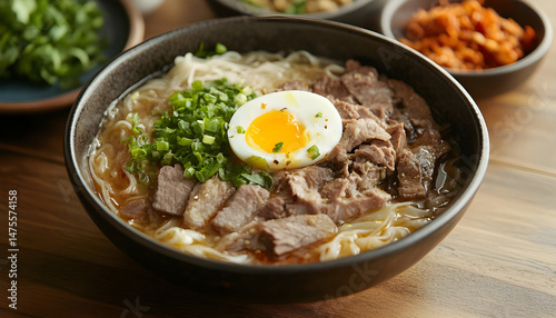 Obraz na płótnie Bowl of delicious rice noodle soup with meat and egg on wooden table, flat lay. Space for text w salonie