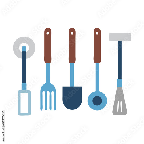 Colorful cooking utensils set against black background illustration