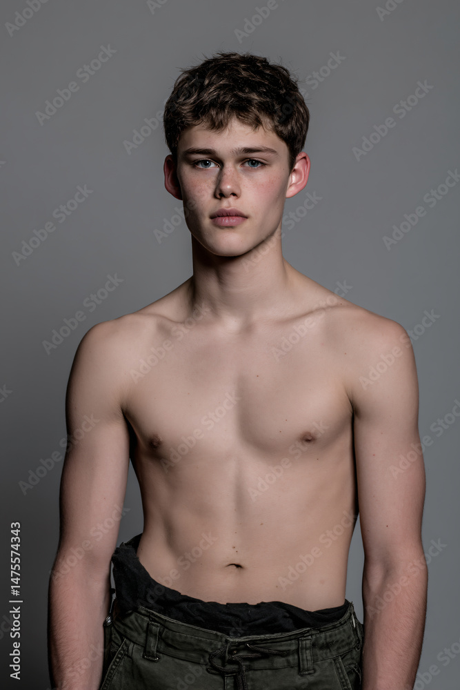 Fototapeta premium Young Male Fitness Model Studio Portrait Serious Expression Athletic Confident Shirtless Groomed Headshot Modern Minimalist Style Healthy Muscular Posed Natural Look Emotion Fashion