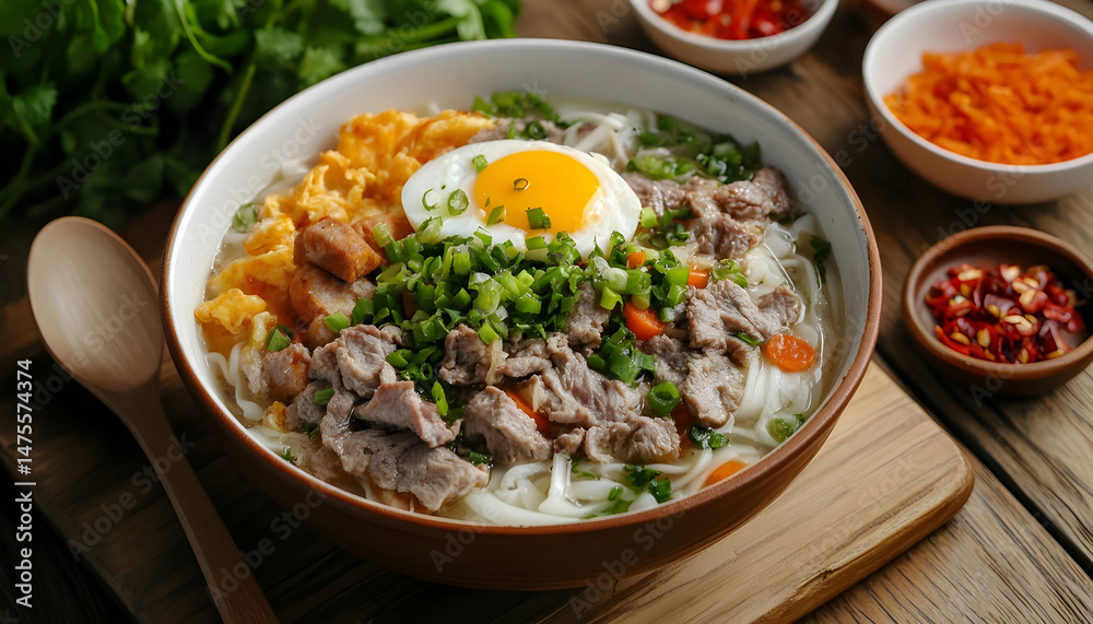 Bowl of delicious rice noodle soup with meat and egg on wooden table, flat lay. Space for text