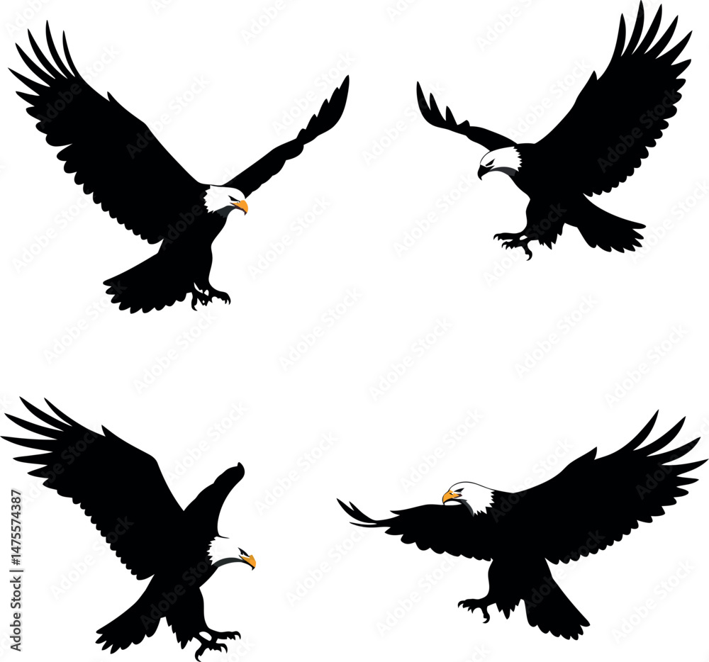 Obraz premium Bald eagle flying silhouette vector set with spread wings in various attack poses