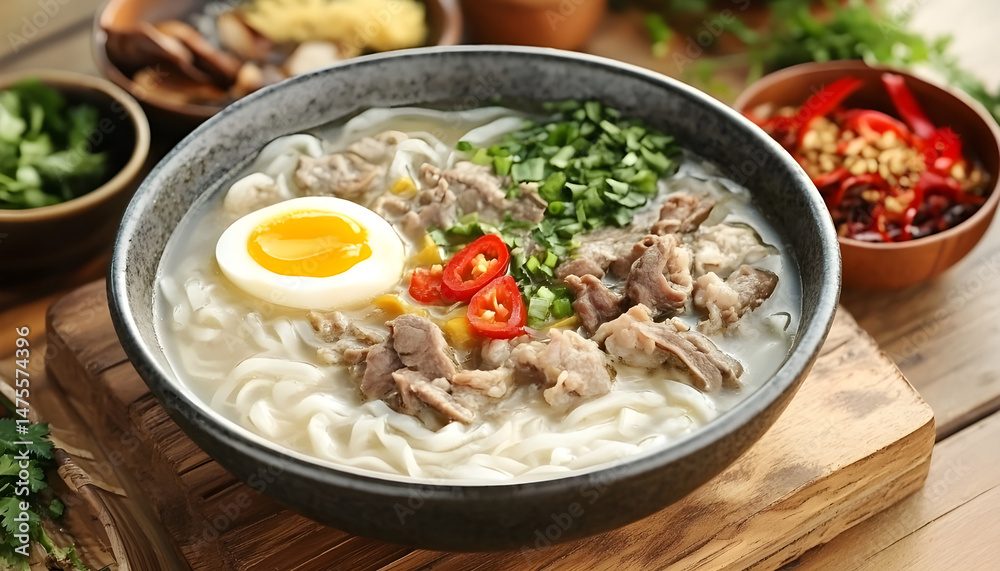 Bowl of delicious rice noodle soup with meat and egg on wooden table, flat lay. Space for text