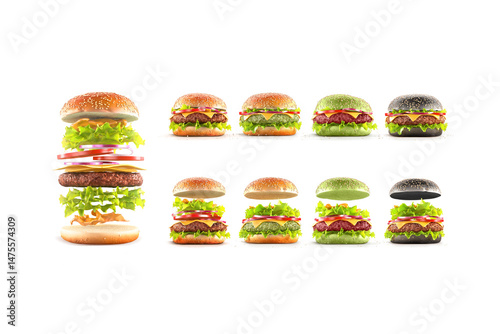 Fotografie Hamburger with cheese and vegetables mockup ingredients, different views