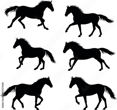 Horse silhouette collection in various running and walking poses vector illustration 