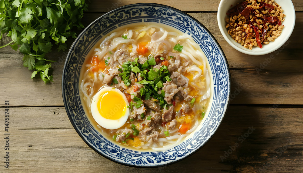 Bowl of delicious rice noodle soup with meat and egg on wooden table, flat lay. Space for text