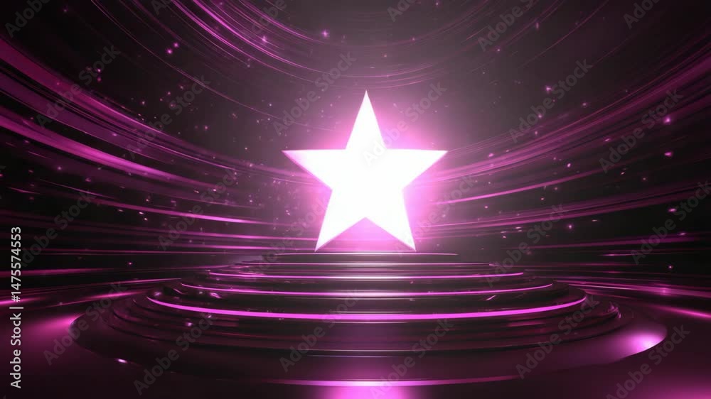 pink neon star with neon light sparkle on elegance stage show with spotlight in dark backdrop background