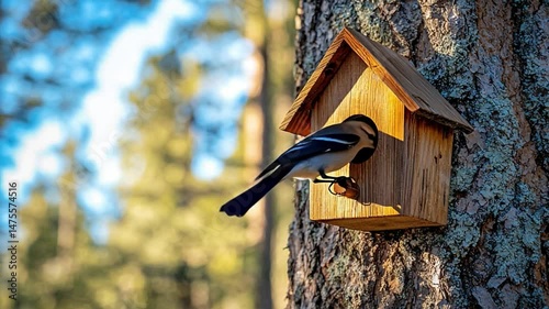 Wooden birdhouse mounted on tree in natural setting during daylight hours