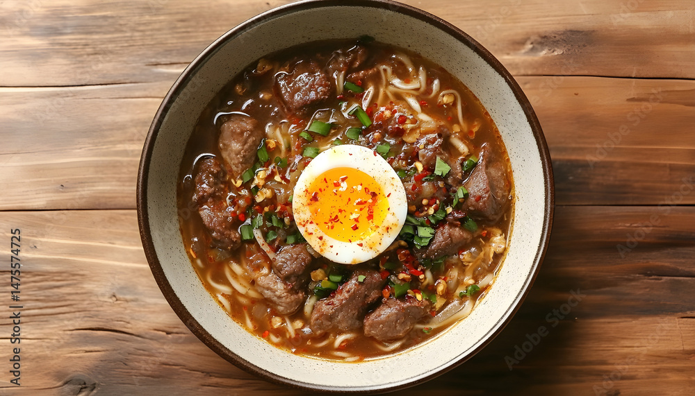 Bowl of delicious rice noodle soup with meat and egg on wooden table, flat lay. Space for text