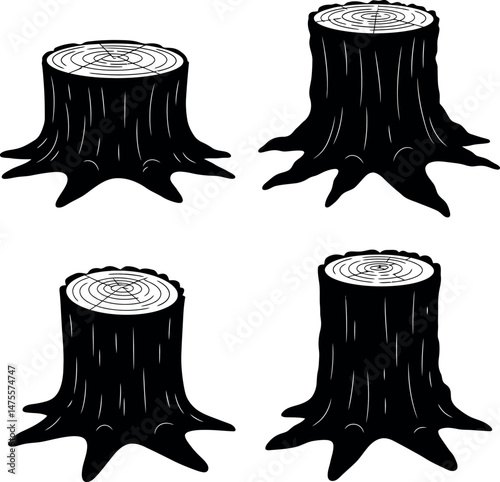 Tree stump vector set with four different black and white wood cut illustrations