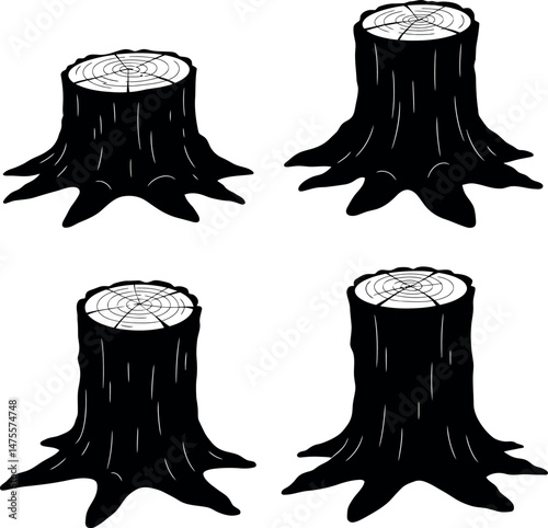 Tree stump illustrations set with different heights and root shapes vector graphic