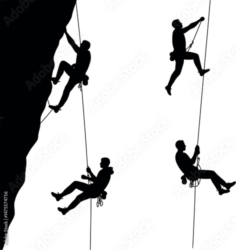 Rock climbing silhouettes with safety rope and harness in outdoor adventure vector illustration 