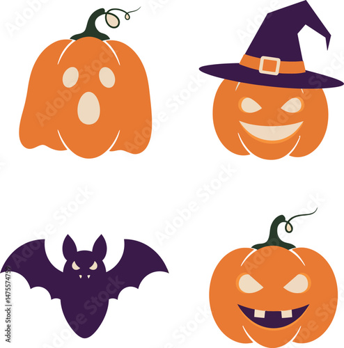 Halloween pumpkins and purple bat icons with spooky faces vector illustration 