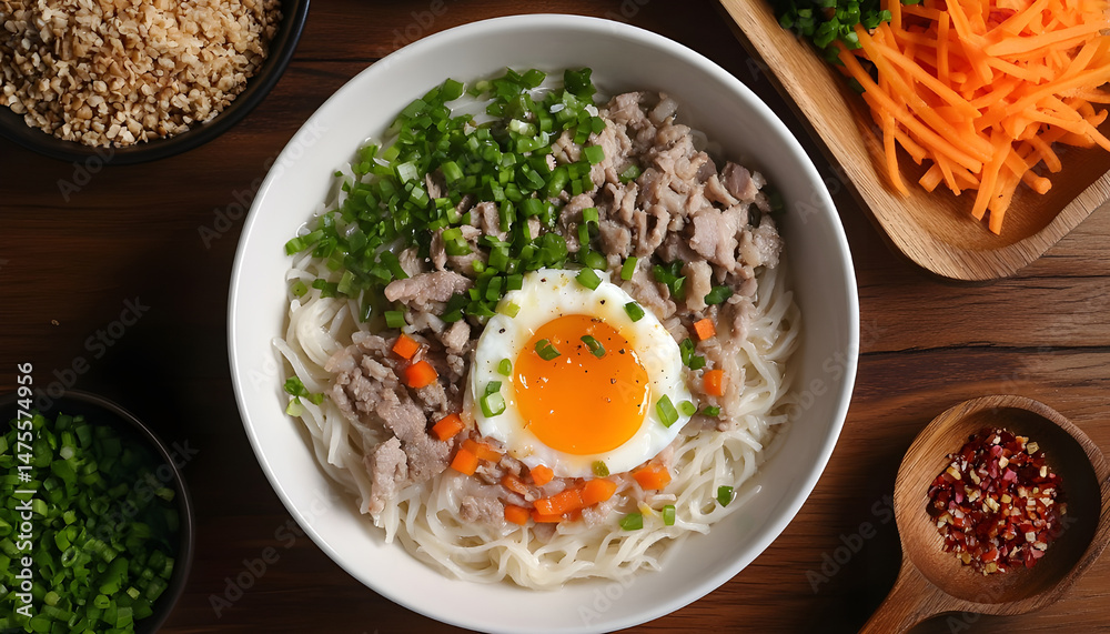 Bowl of delicious rice noodle soup with meat and egg on wooden table, flat lay. Space for text