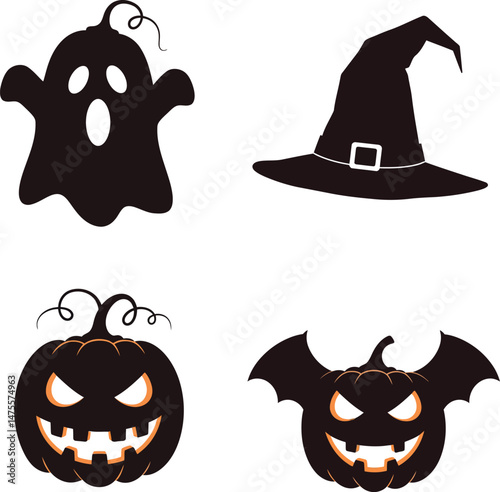 Halloween spooky ghost witch hat pumpkin and bat pumpkin vector illustration set 