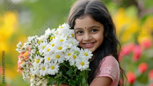 Young girl joyfully holds a bouquet of daisies in a vibrant garden filled with colorful flowers