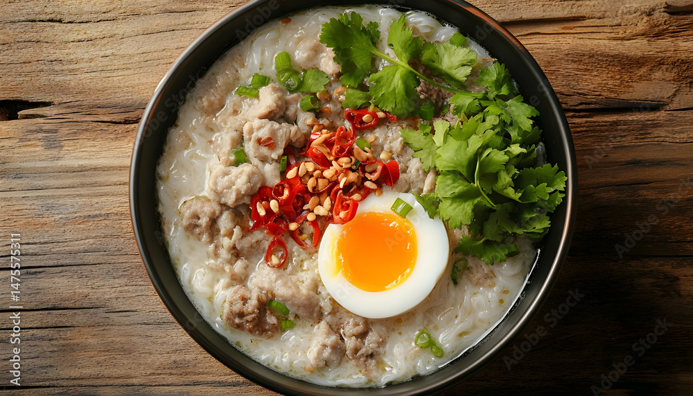 Bowl of delicious rice noodle soup with meat and egg on wooden table, flat lay. Space for text