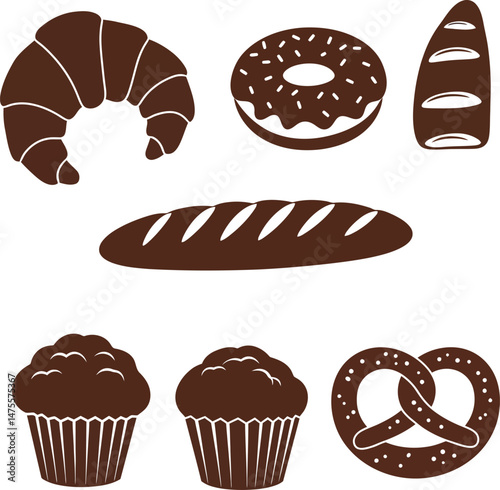 Bakery pastries collection croissant donut baguette muffin pretzel vector illustration in brown 