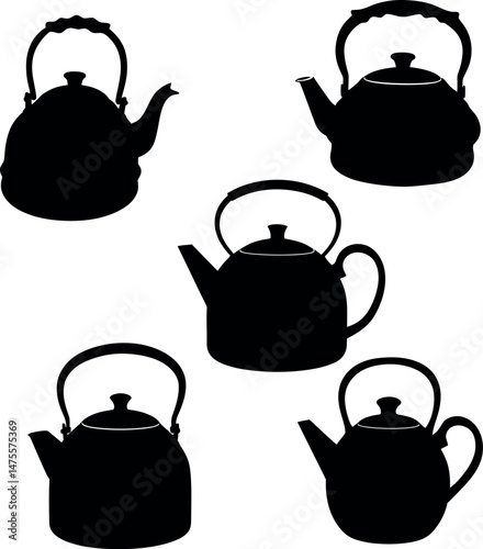Tea kettle silhouettes set with various handle and spout shapes vector illustration 
