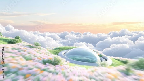 Beautiful landscape of hills with bubbles and colorful flowers at sunset under a cloud-filled sky