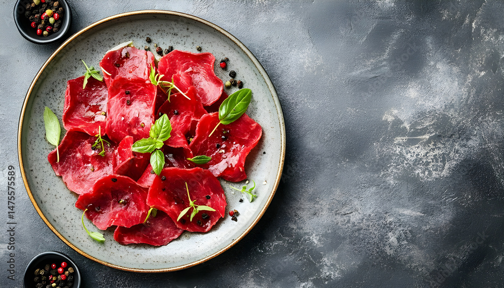 Plate with tasty bresaola on grey table. Space for text