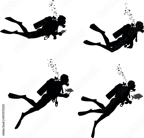 Scuba Diver Silhouette Set with Fish Underwater Exploration Vector Illustration 