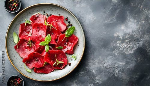 Obraz na płótnie Plate with tasty bresaola on grey table. Space for text w salonie