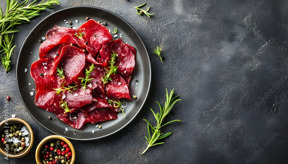 Plate with tasty bresaola on grey table. Space for text