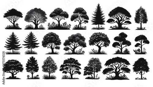 Silhouette Essentials – Timeless Black Tree & Bush Set Transparent Background PNG