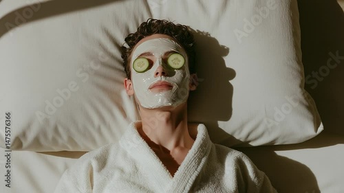 Relaxing self-care session with facial mask and cucumber slices at a spa