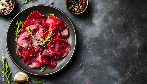Plate with tasty bresaola on grey table. Space for text