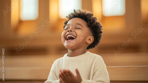 Joyful Child Praying in Church.