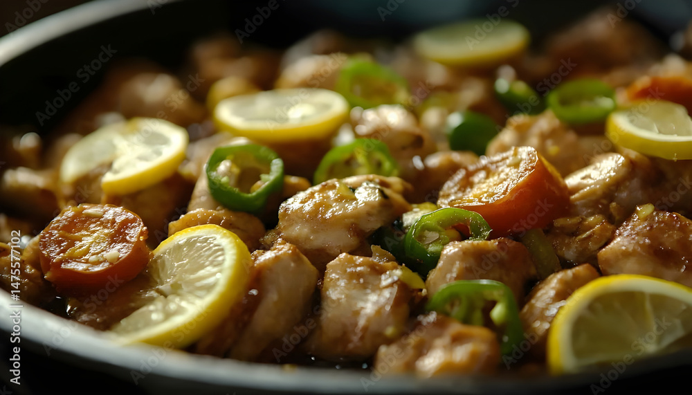 Full Spicy Chicken Karahi topping with green chilli tomato ginger and lemon slice close shot, Chicken handi, boneless handi