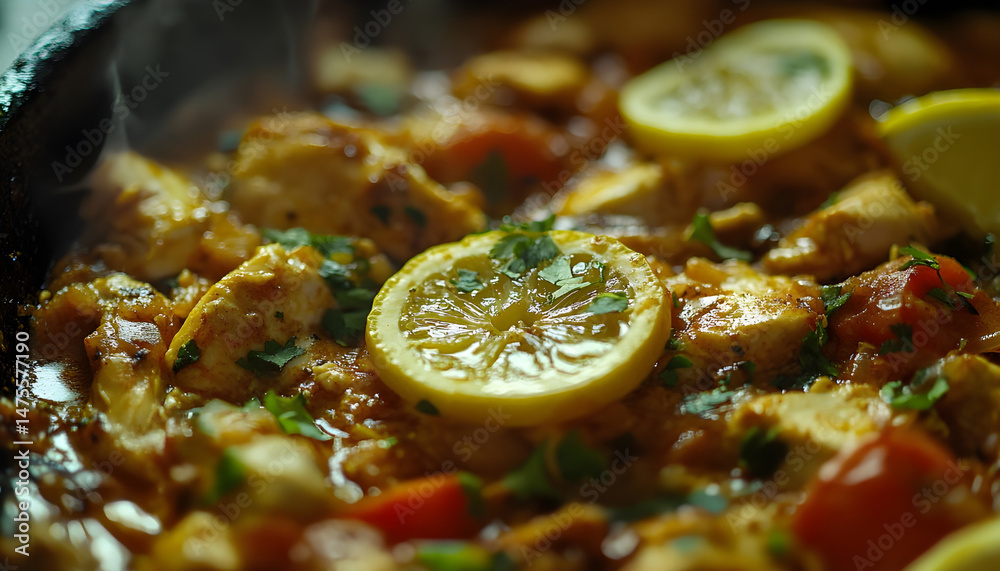 Full Spicy Chicken Karahi topping with green chilli tomato ginger and lemon slice close shot, Chicken handi, boneless handi