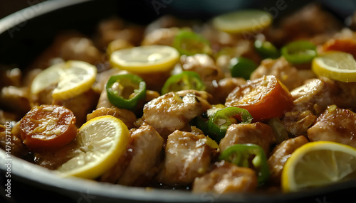 Obraz na płótnie Full Spicy Chicken Karahi topping with green chilli tomato ginger and lemon slice close shot, Chicken handi, boneless handi w salonie