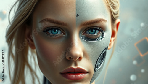closeup view. A surreal portrait of a woman with half of her face and body human, and the other half exposed as a highly detailed humanoid robot.	