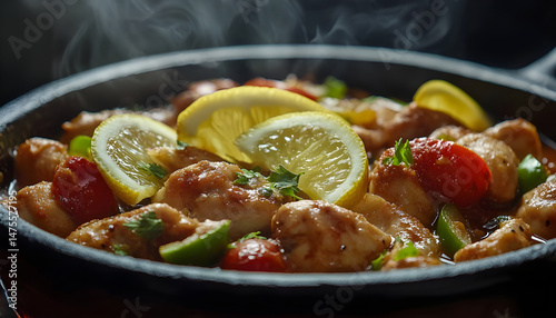Obraz na płótnie Full Spicy Chicken Karahi topping with green chilli tomato ginger and lemon slice close shot, Chicken handi, boneless handi w salonie