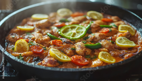 Obraz na płótnie Full Spicy Chicken Karahi topping with green chilli tomato ginger and lemon slice close shot, Chicken handi, boneless handi w salonie