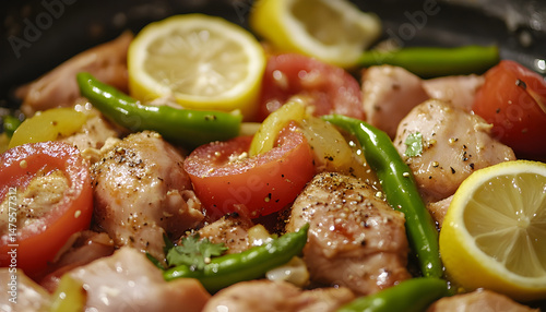 Obraz na płótnie Full Spicy Chicken Karahi topping with green chilli tomato ginger and lemon slice close shot, Chicken handi, boneless handi w salonie