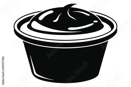Black illustration reveals a monochrome pudding in a plastic container showing delicious treat