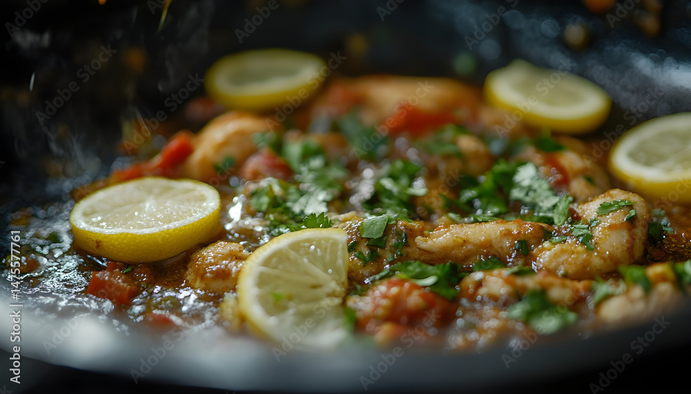 Full Spicy Chicken Karahi topping with green chilli tomato ginger and lemon slice close shot, Chicken handi, boneless handi