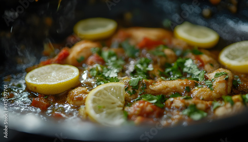Obraz na płótnie Full Spicy Chicken Karahi topping with green chilli tomato ginger and lemon slice close shot, Chicken handi, boneless handi w salonie