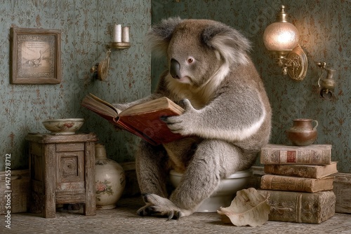Koala reading a book in a vintage bathroom setting during the day