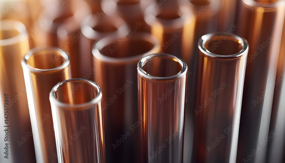 Test tubes with brown liquid, closeup view