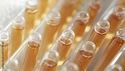 Test tubes with brown liquid, closeup view