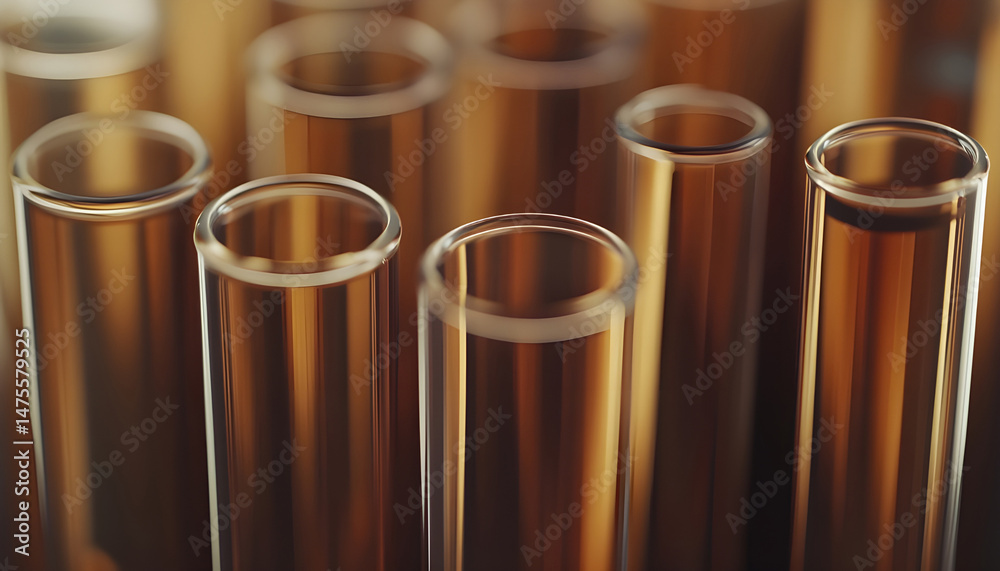 Test tubes with brown liquid, closeup view