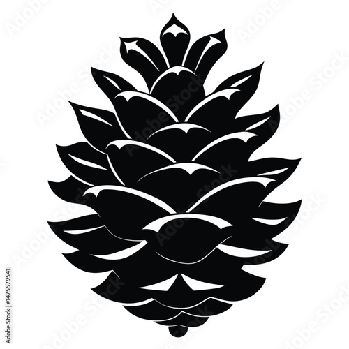 Symmetrical monochrome pinecone radiates stark elegance against the white field