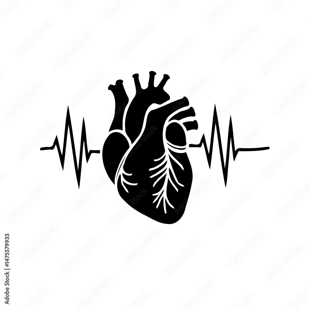 Stylized Human Heart Illustration with Rhythmic Waveform on White Background Stylized Human Heart Illustration with Rhythmic Waveform on White Background