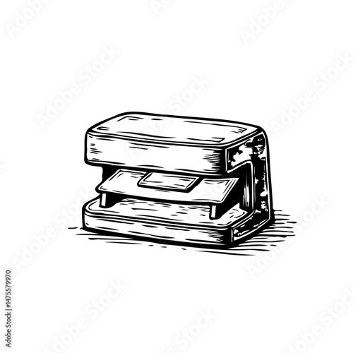 Detailed monochrome illustration of an office stapler with vintage appeal