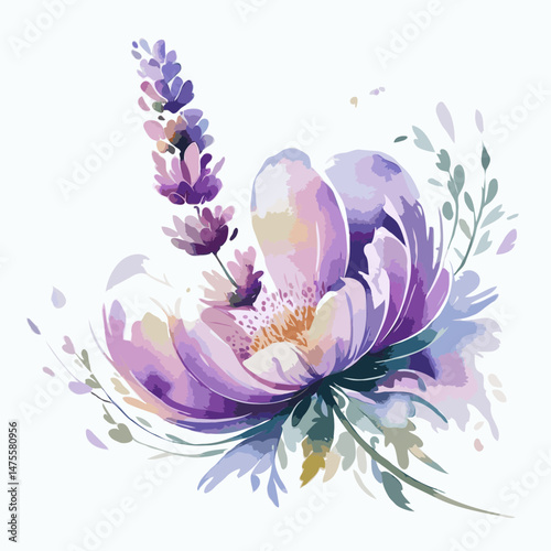 Beautiful watercolor flowers in purple and green hues  